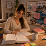 Mulher estudando para tribunais com o seu GPS da concurseira e vision board ao fundo para manifestar a aprovação.