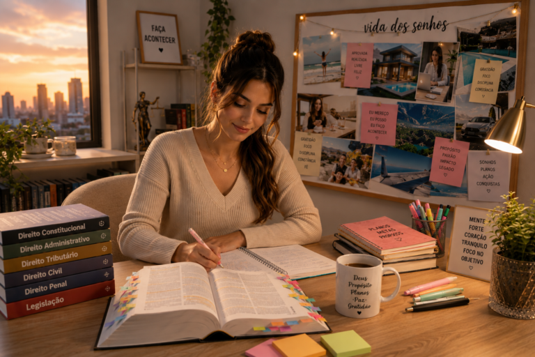 Mulher estudando para tribunais com o seu GPS da concurseira e vision board ao fundo para manifestar a aprovação.